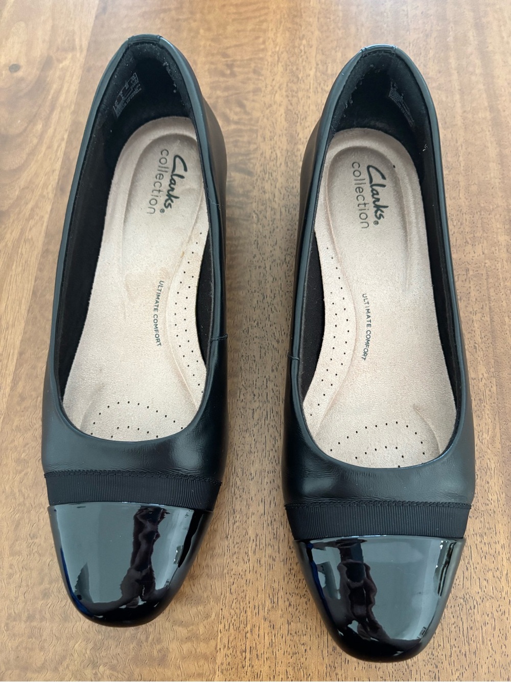 Clarks Black Leather and Patent Cap-Toe Flats